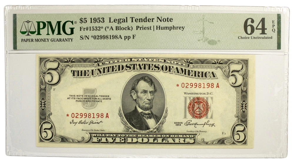 PMG Choice-64 1953 Red Seal $5 Star Note