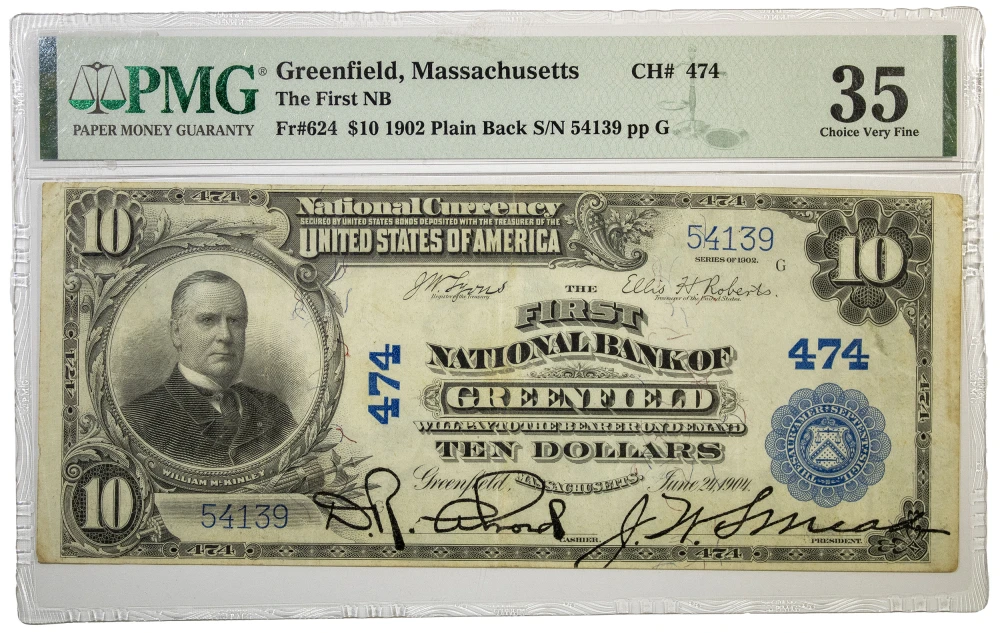 Massachusetts. PMG VF-35 National Currency $10