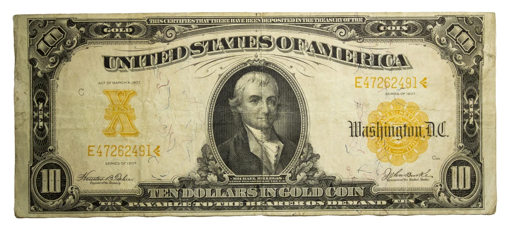 VF Series 1907 $10 Gold Coin Note