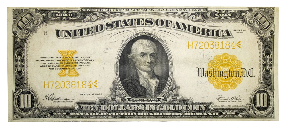 VF to EF Series 1922 $10 Gold Coin Note