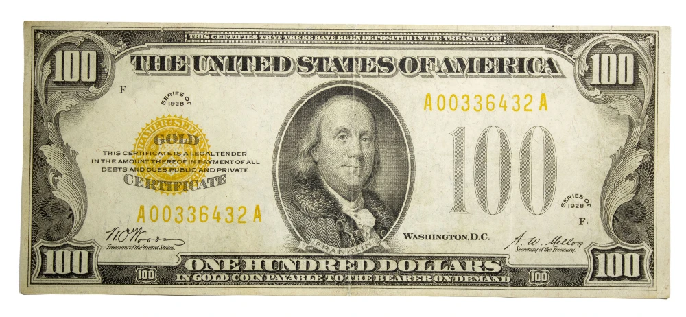 VF to EF Series 1928 $100 Gold Coin Note