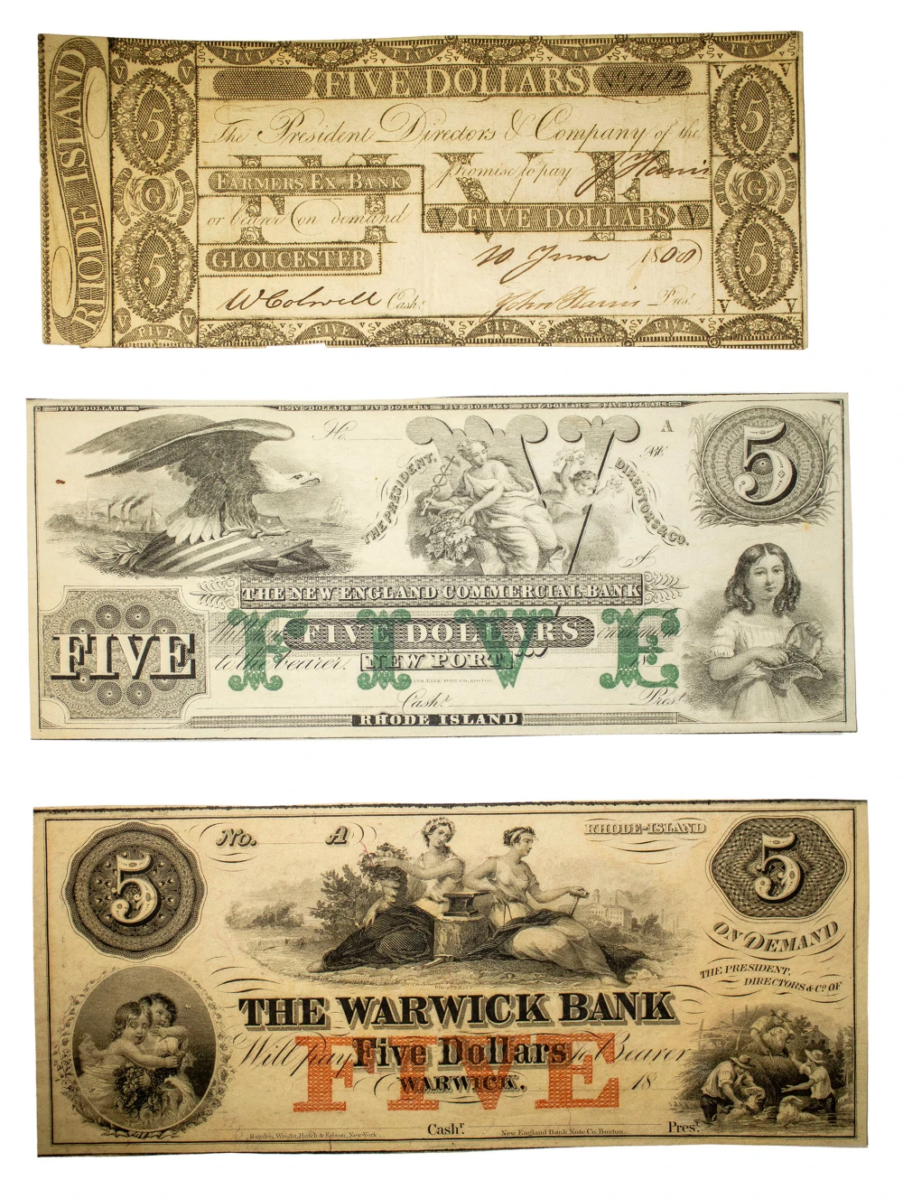 Rhode Island. Trio of $5 Obsolete Notes