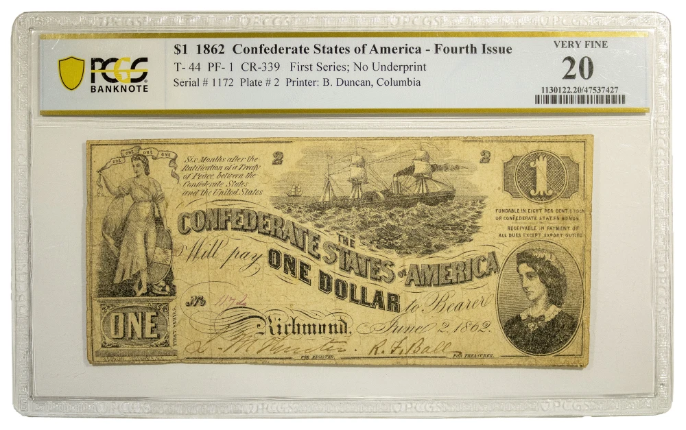 Confederate. PCGS VF-20 June 1862 $1