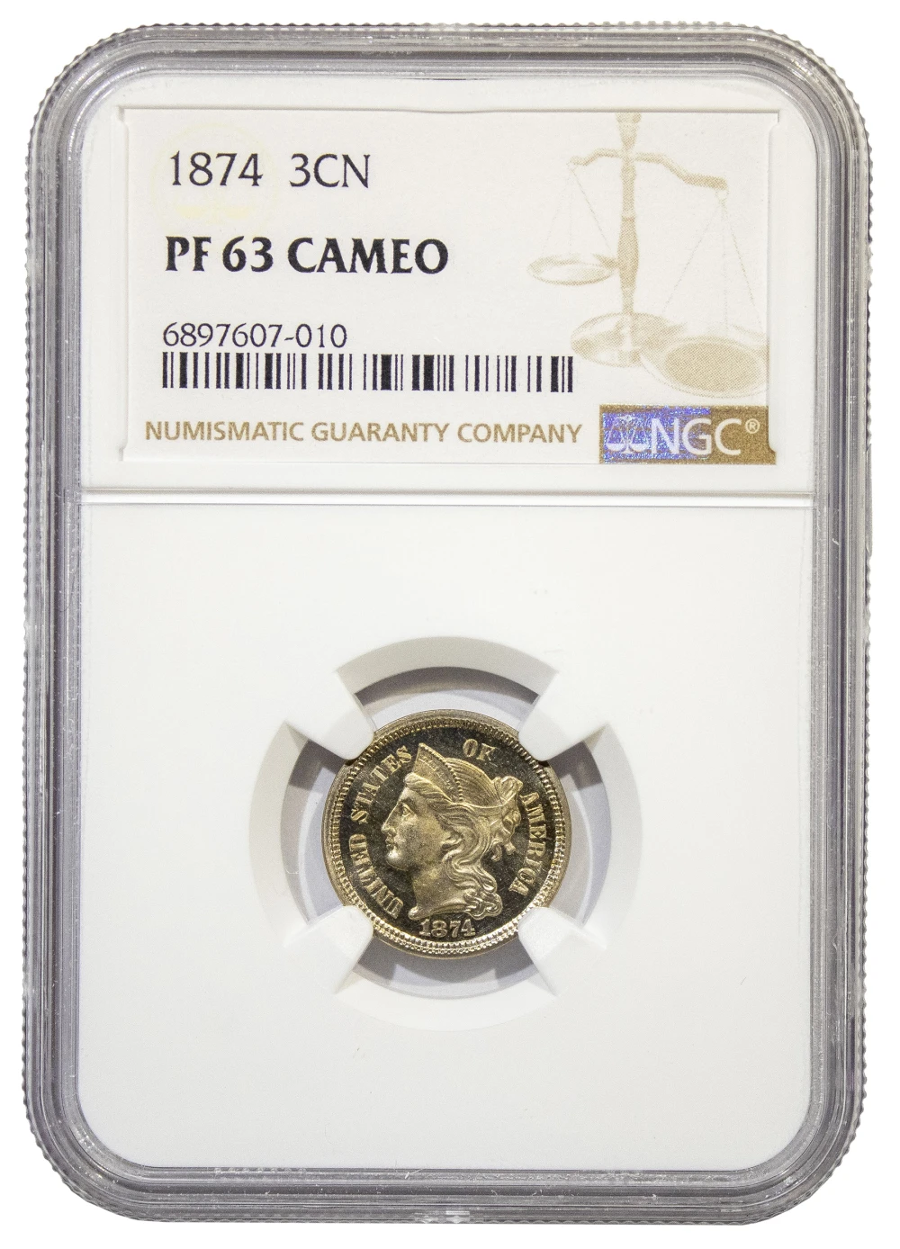 NGC Proof-63 Cameo 1874 Nickel Three-Cents