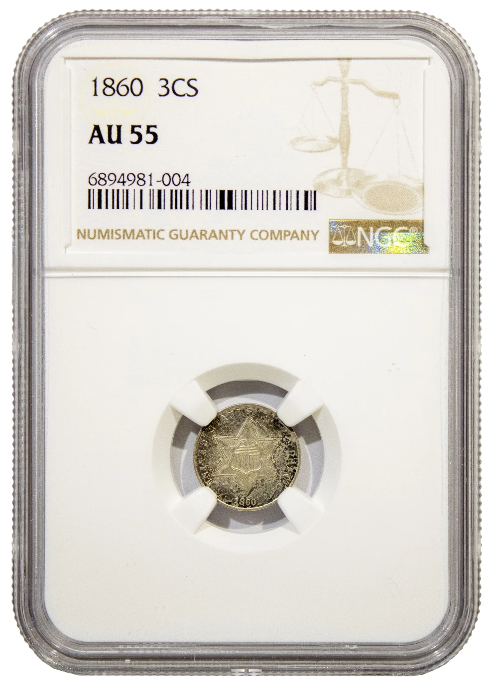NGC AU-55 1860 Silver Three-Cents