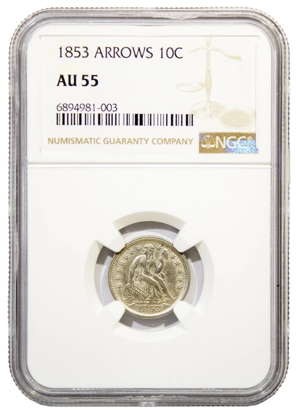 NGC AU-55 1853 Arrows Dime
