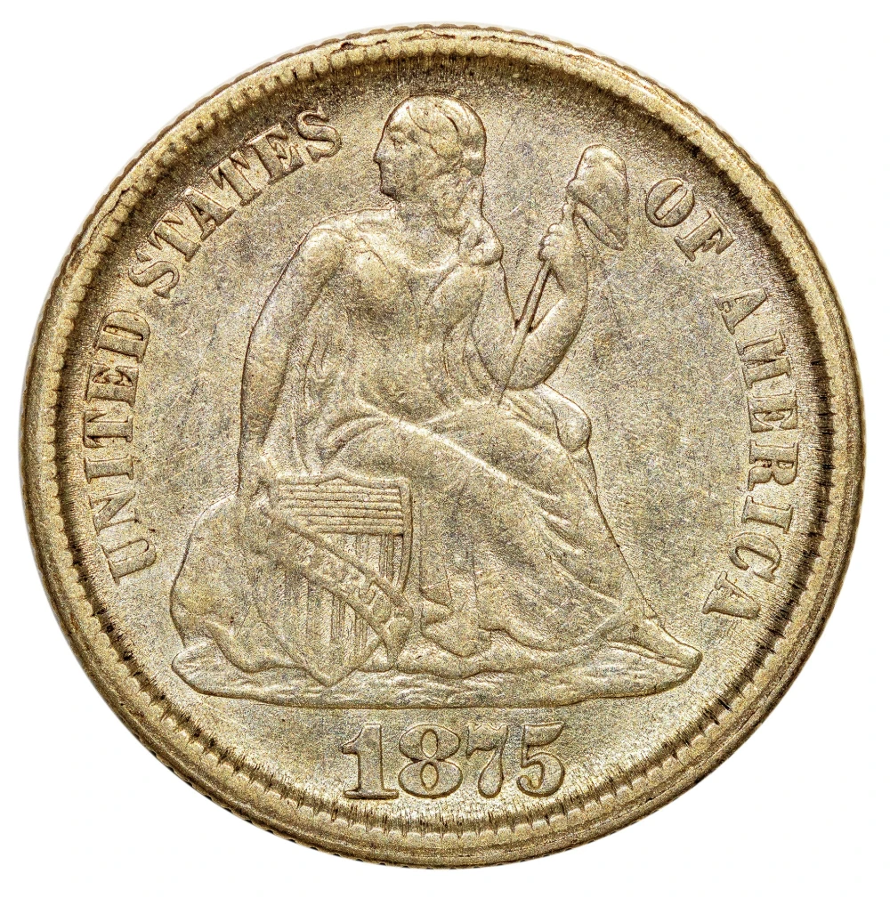 AU-50 1875-CC Dime