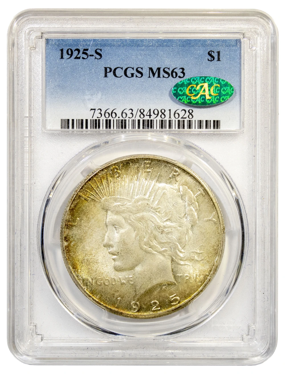 PCGS CAC Toned MS-63 1925-S Peace $1