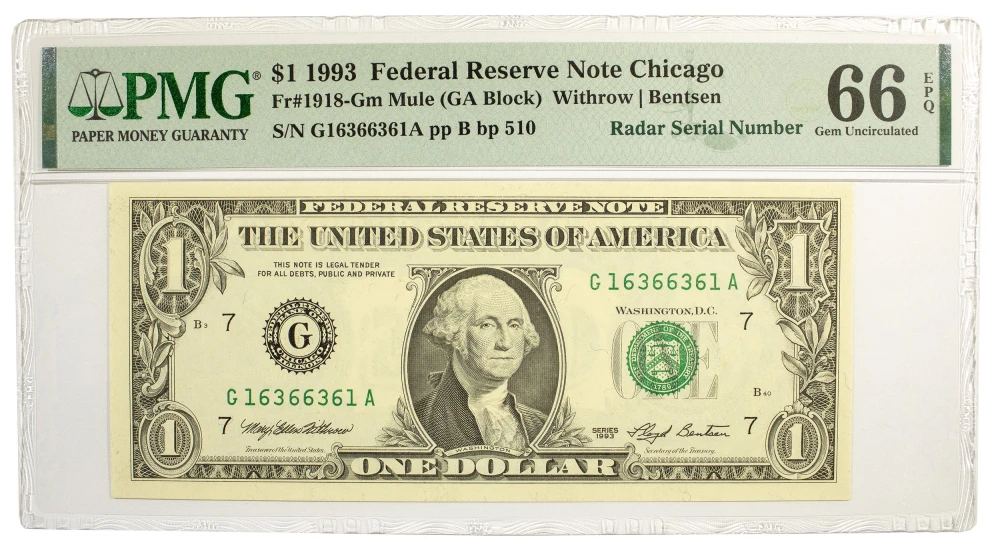 PMG Gem-66 1993 Radar Serial Number $1 Note