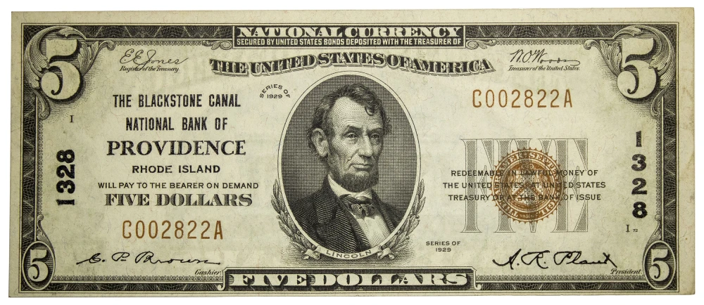 Rhode Island. Crisp AU 1929 National Currency $5