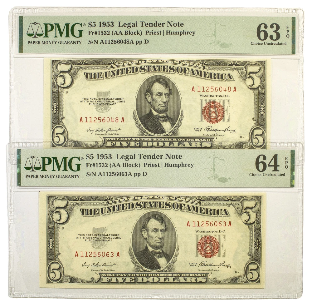 PMG-Certified Pair of 1953 $5 U.S. Note