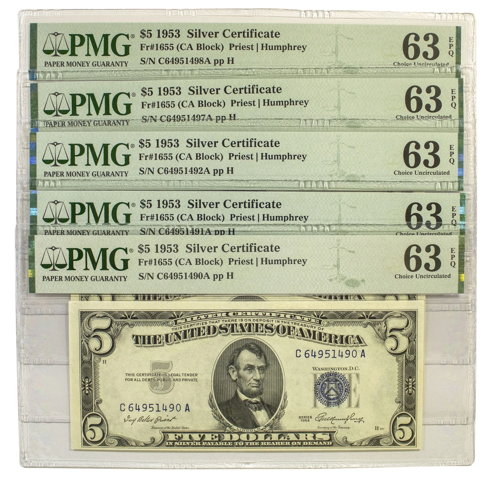 Crisp New 1953 $5 Silver Certificates
