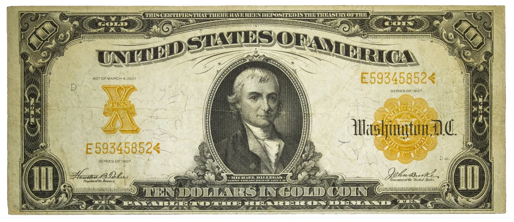 VF 1907 $10 Gold Coin Note