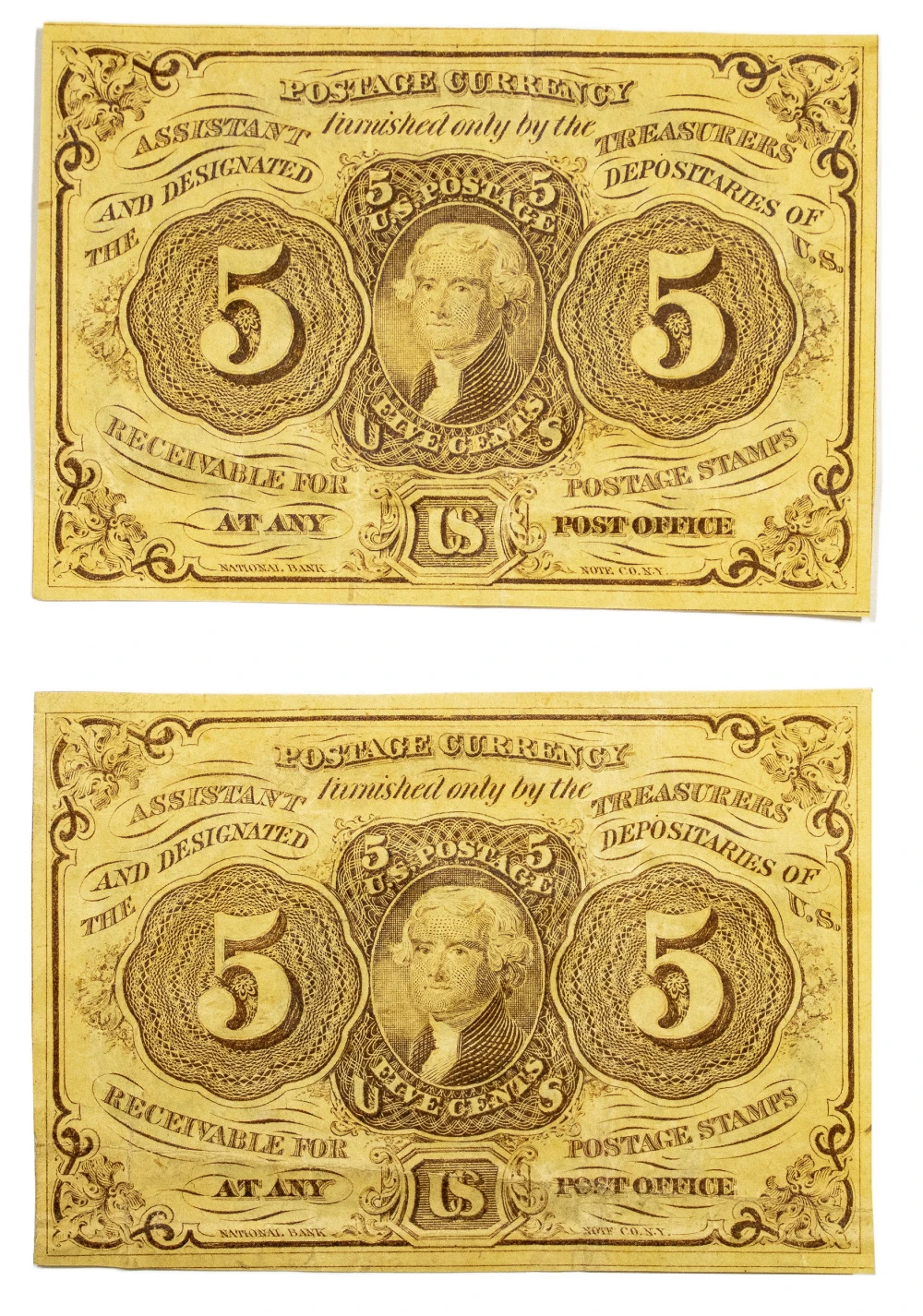 Postage Currency. AU Pair of Five-Cents Notes