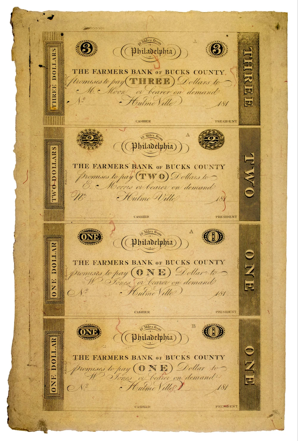 Pennsylvania. Unc 1810s Four Note Sheet