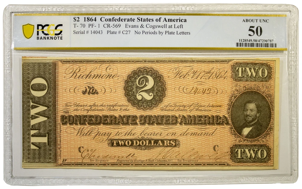 Confederate. PCGS AU-50 February 1864 $2