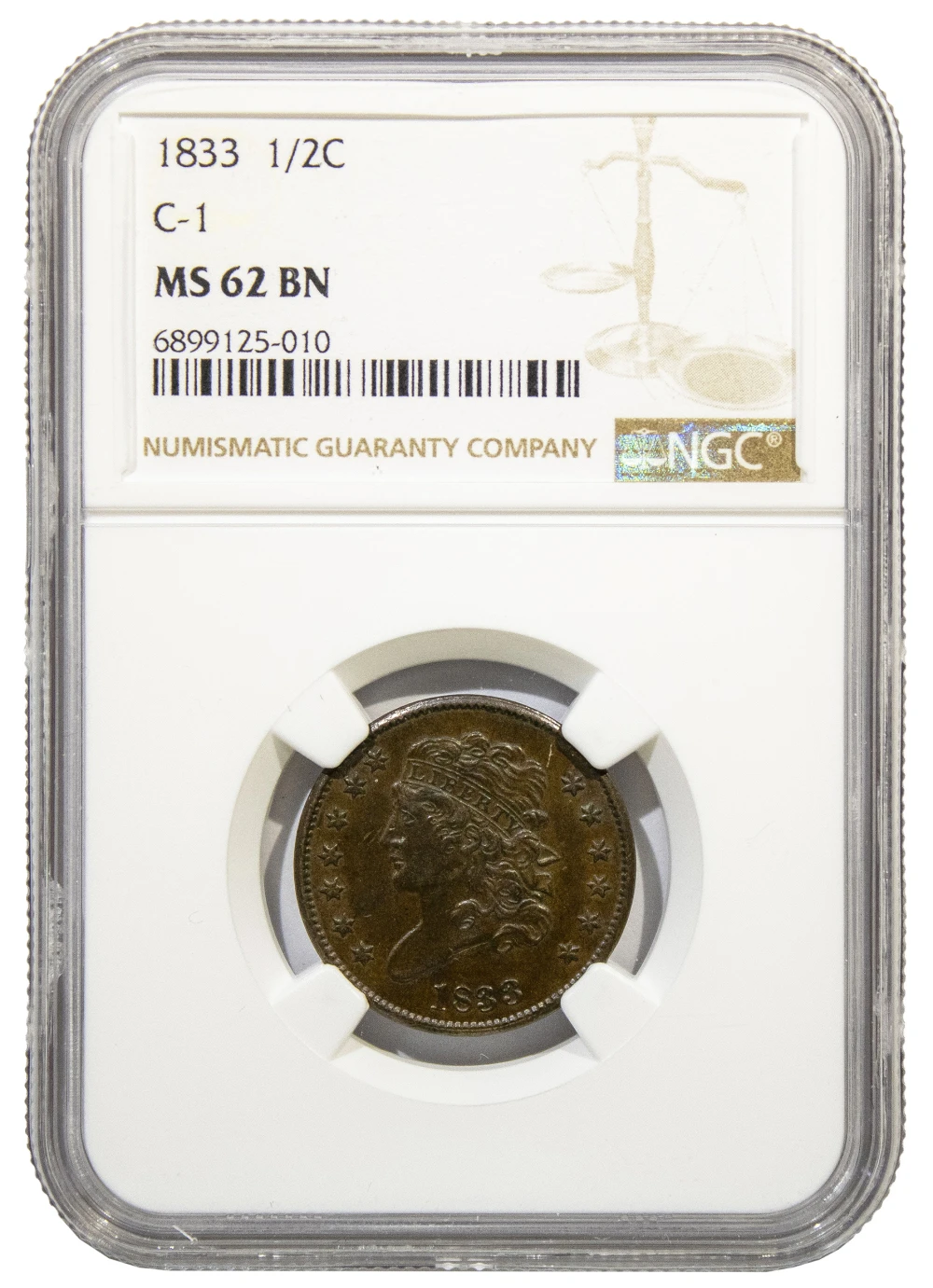 NGC MS-62 BN 1833 Half Cent