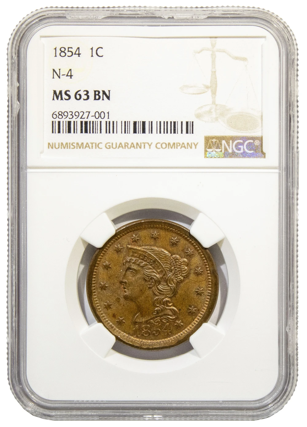 NGC MS-63 BN 1854 Cent