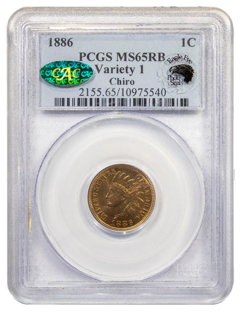 PCGS CAC MS-65 RB 1886 Variety I Cent
