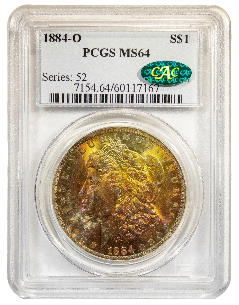 Wonderfully Toned PCGS CAC MS-64 1884-O Morgan $1