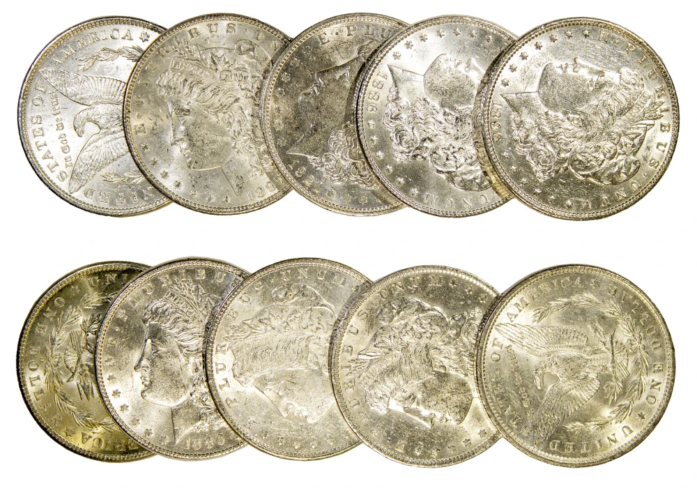 Ten Mixed Date AU-BU Morgan Dollars
