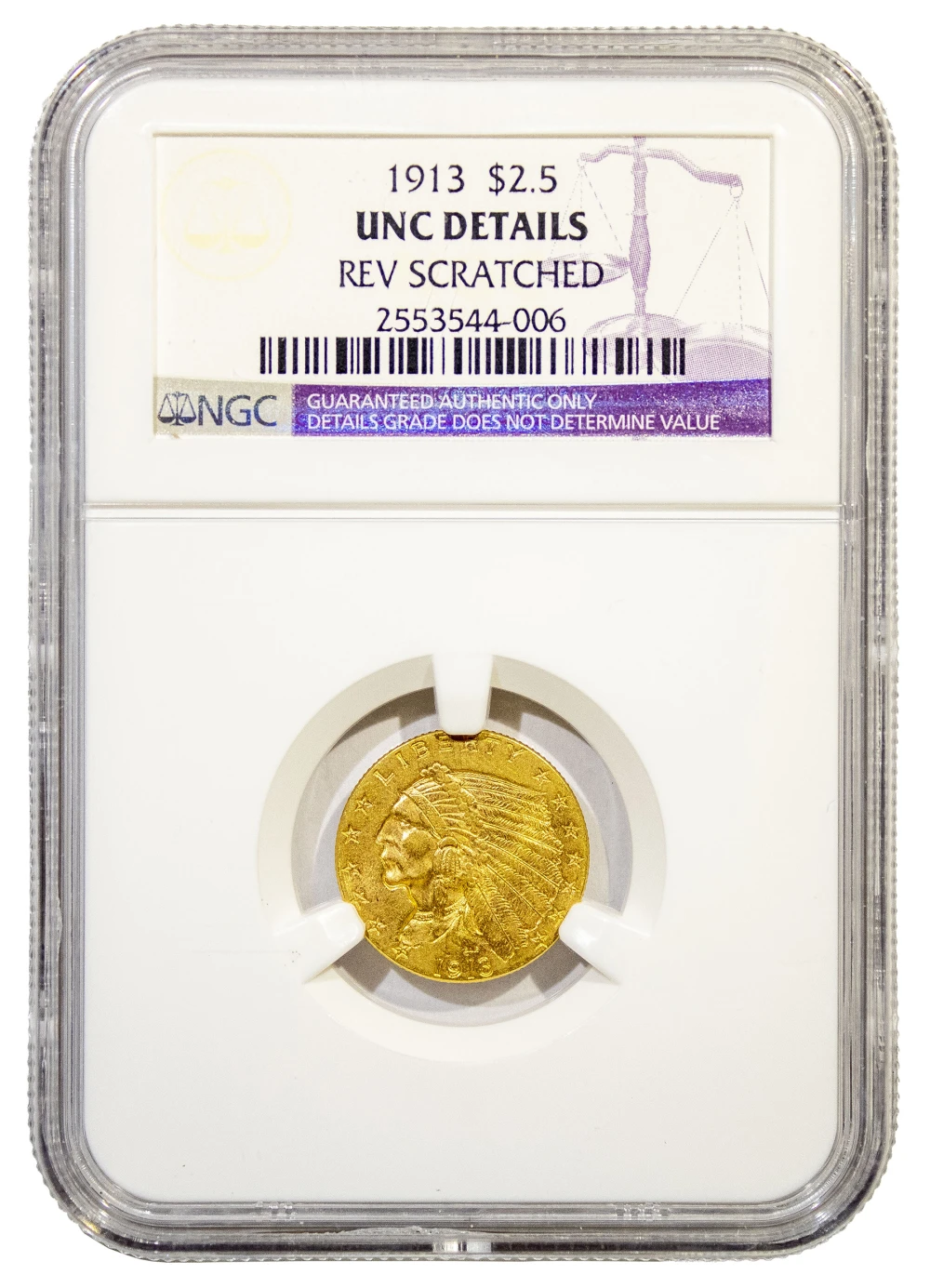 NGC UNC Details 1913 Gold $2.50 Indian