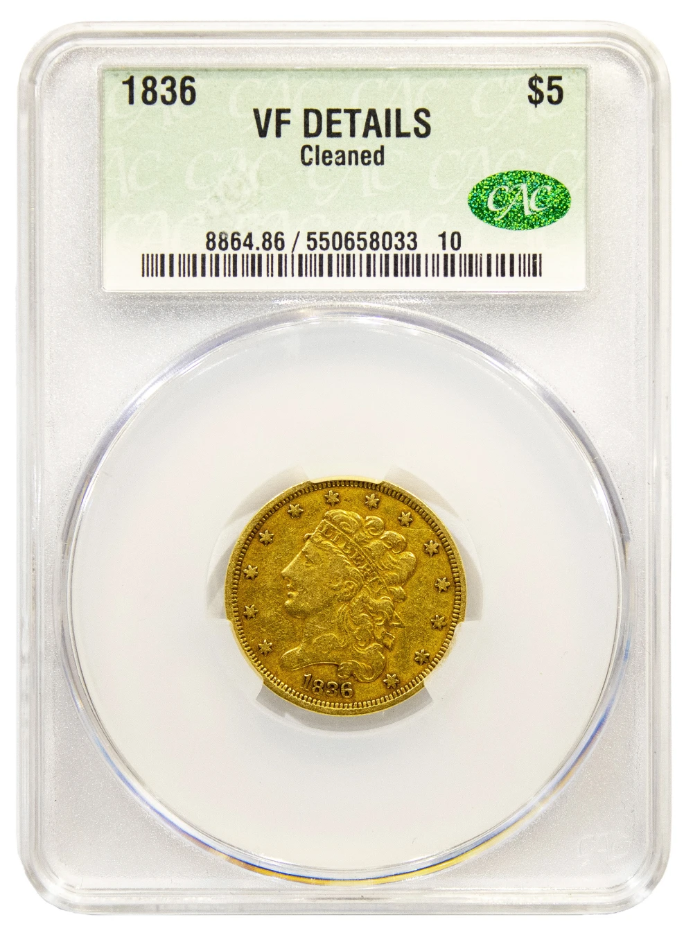 CACG VF Details 1836 Gold $5