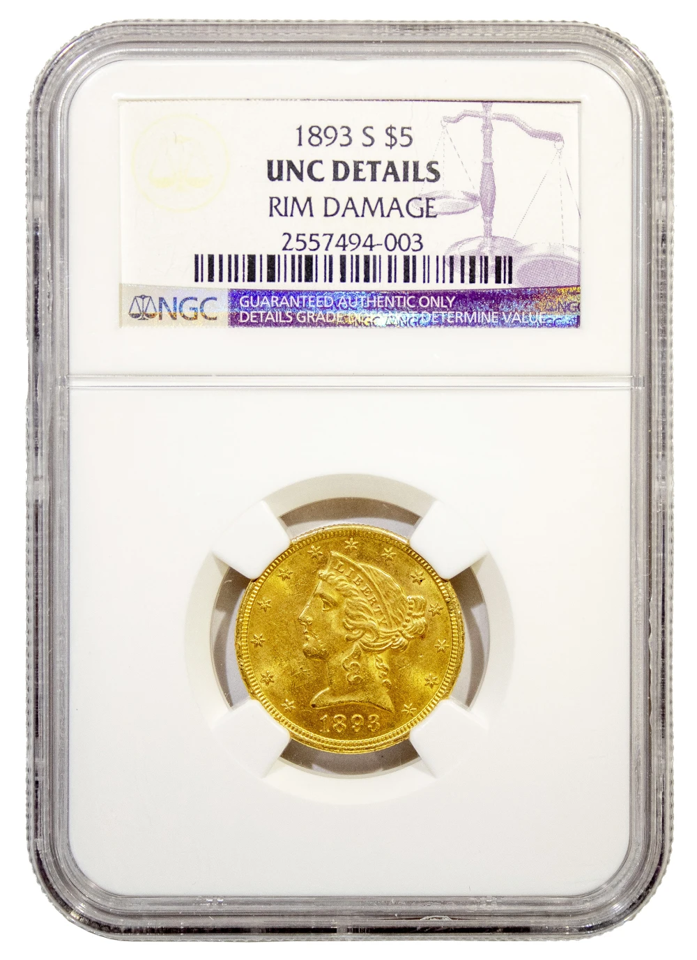 NGC UNC Details 1893-S Gold $5 Liberty