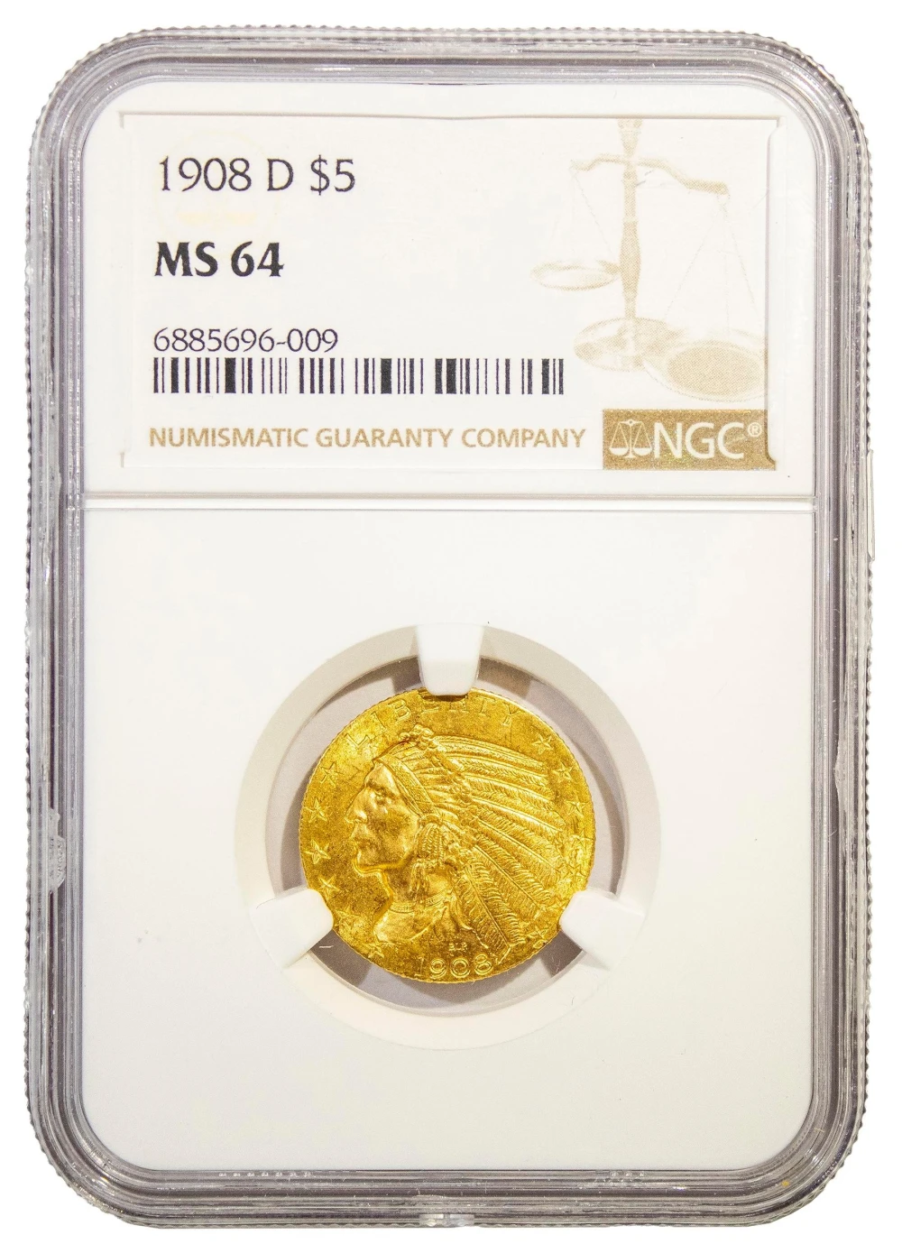 NGC MS-64 1908-D Gold $5 Indian