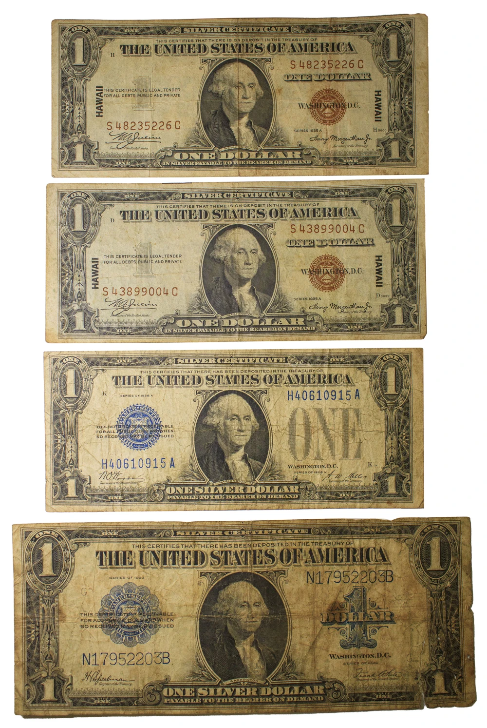 Quartet of Low-Grade Silver Certificate $1 Notes