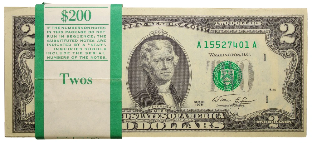 Bank Wrapped Stack of Series 1976 $2 Notes