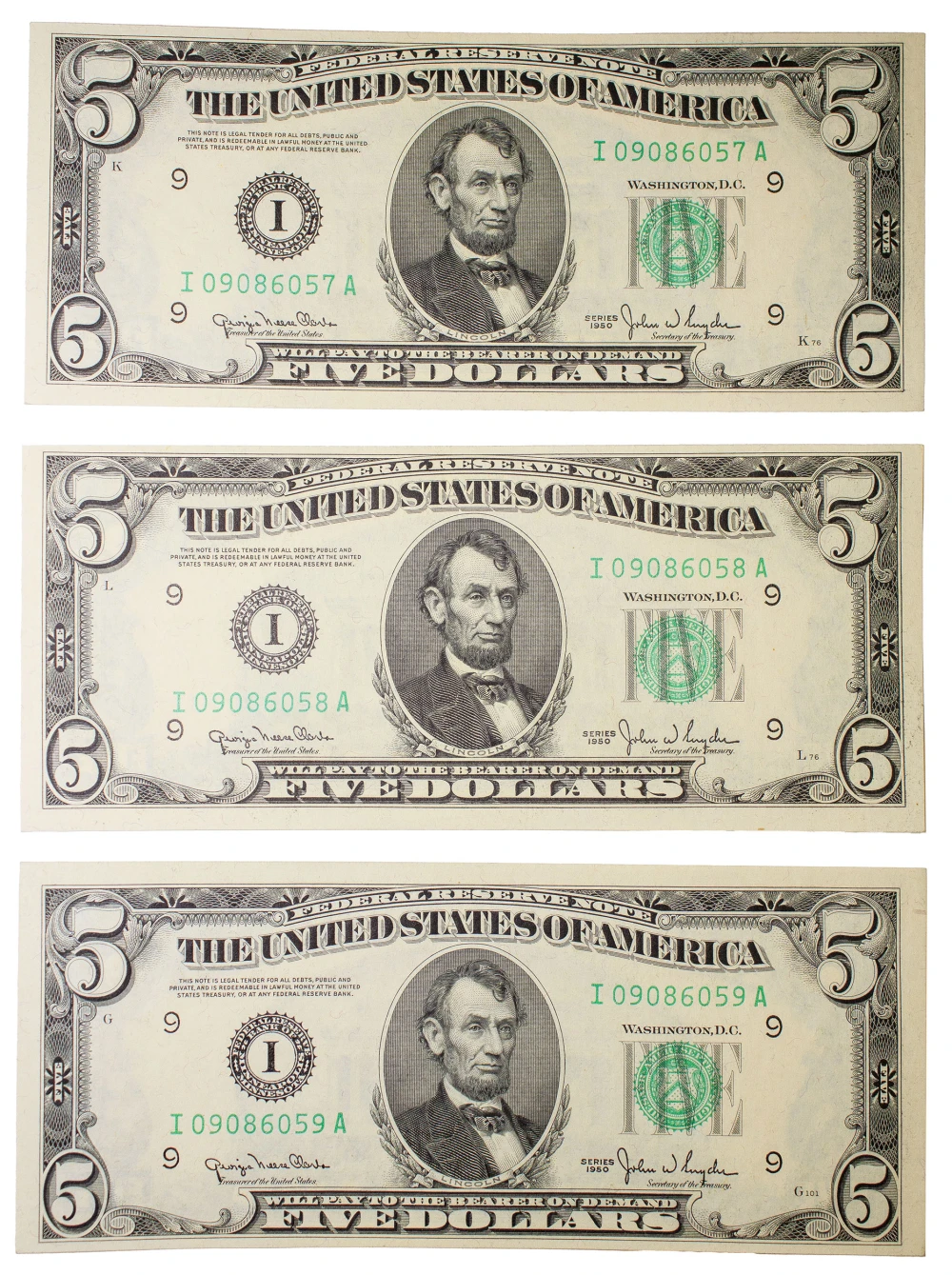 Crisp New Change Over Trio Series 1950 $5 Notes