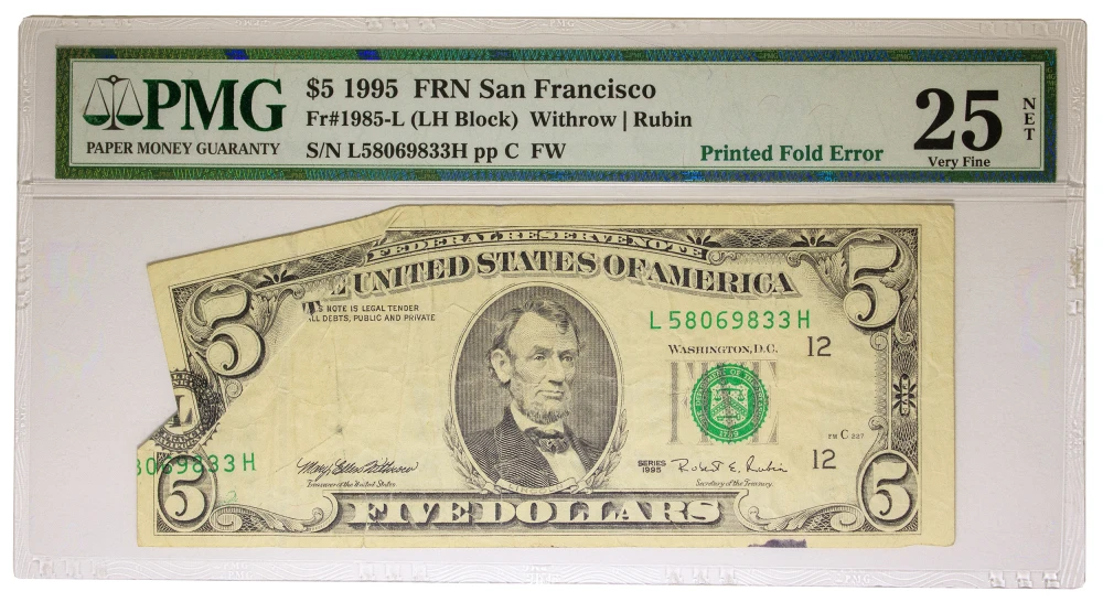PMG VF-25 Net 1995 $5 Printed Fold Error