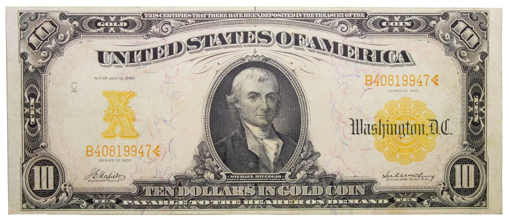EF or Finer Series 1907 $10 Gold Coin Note