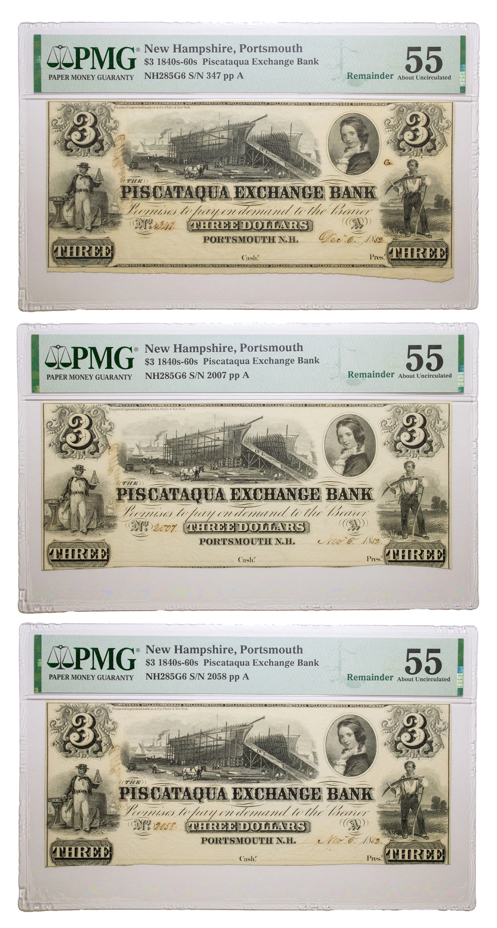 New Hampshire. Portsmouth. PMG AU-55 $3 Trio