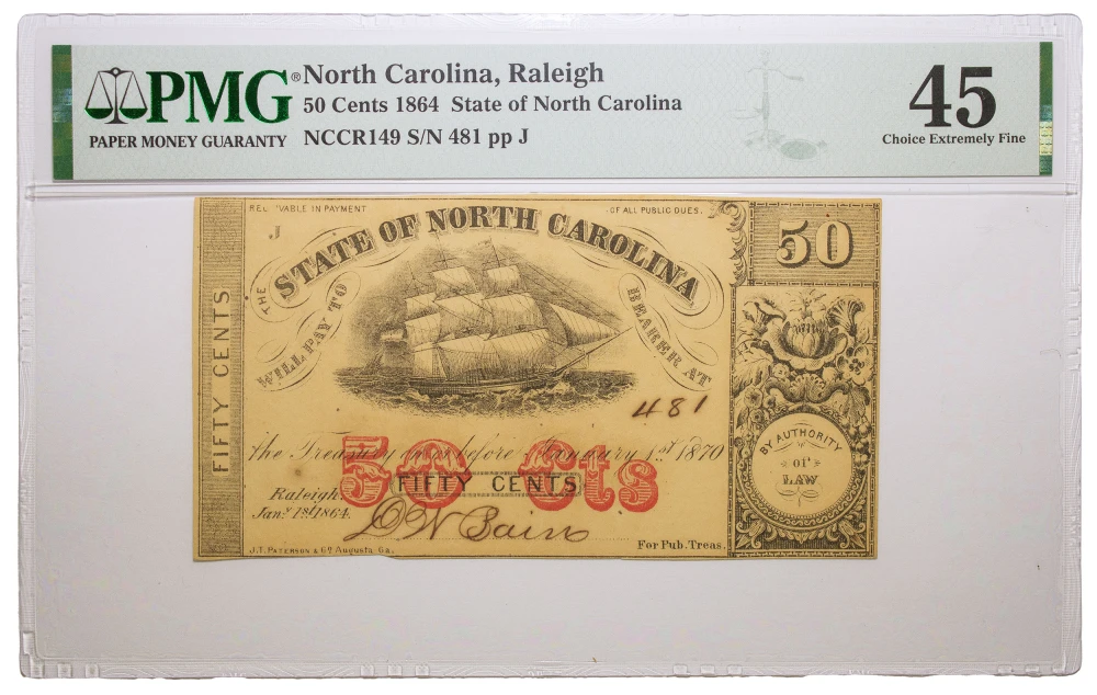 North Carolina. PMG EF-45 1864 50 Cent