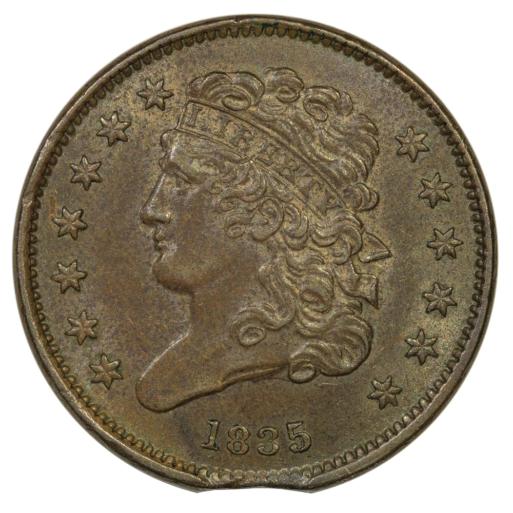 AU-58 1835 Half Cent Error