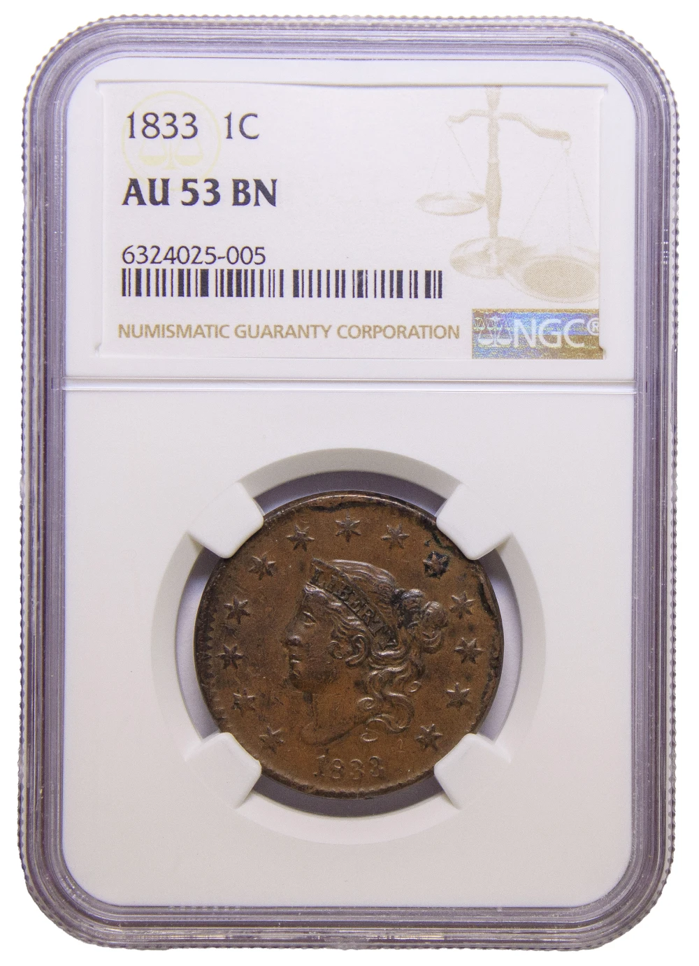 NGC AU-53 1833 Cent