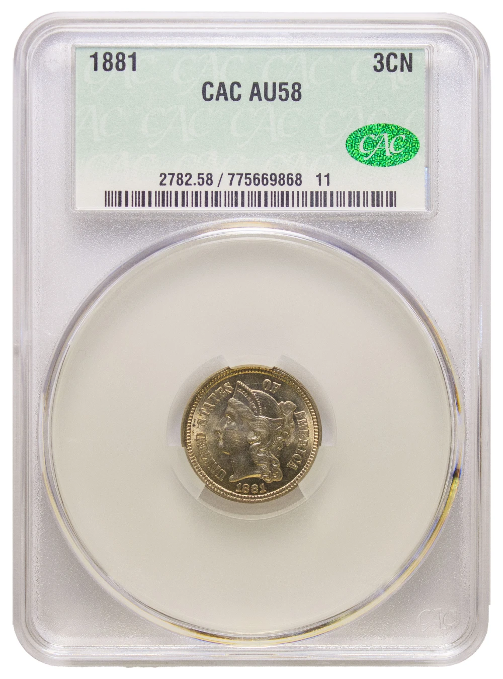 CACG AU-58 1881 Three Cent Nickel