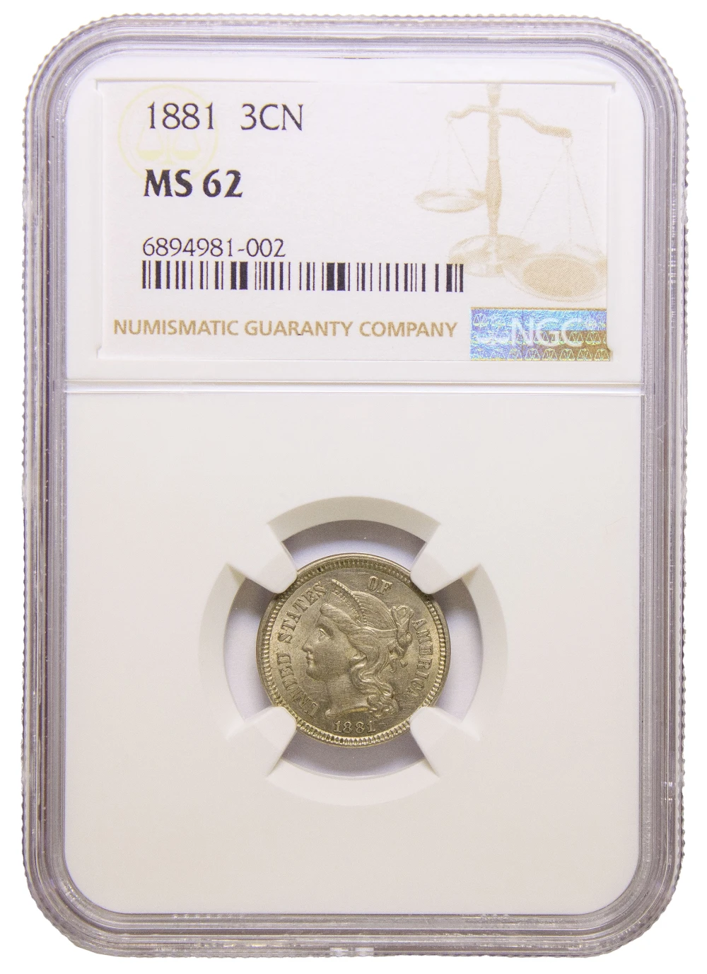 NGC MS-62 1881 Three Cent Nickel