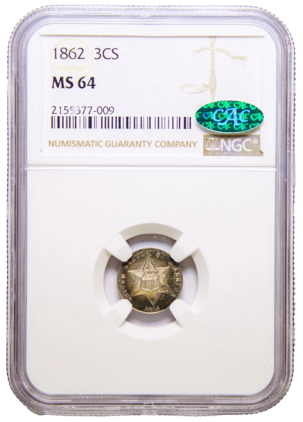 NGC MS-64 CAC 1862 Silver Three-Cents