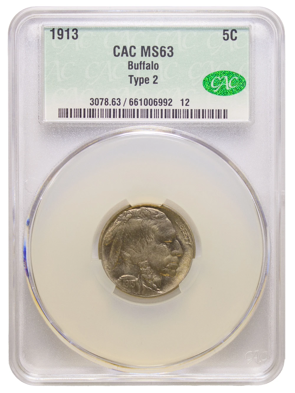 CACG MS-63 1913 TII Buffalo Nickel