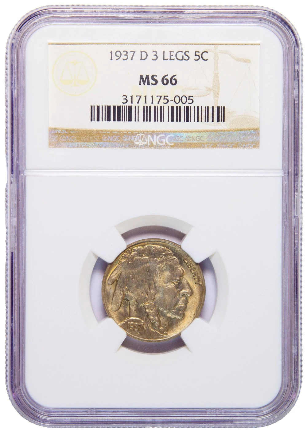 NGC MS-66 1937-D Three-Legged Buffalo Nickel