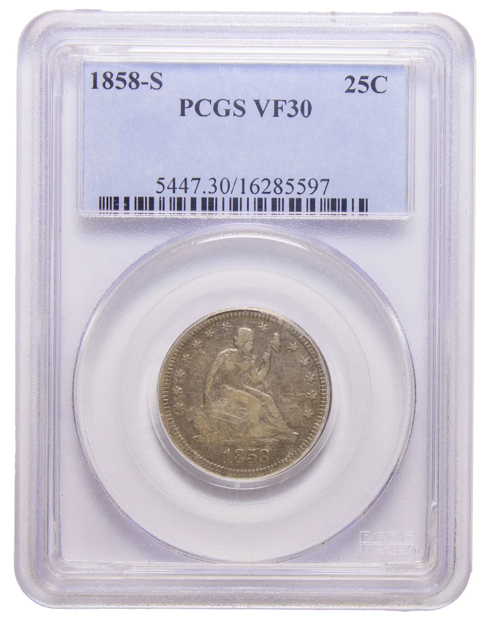 PCGS VF-30 1858-S Quarter