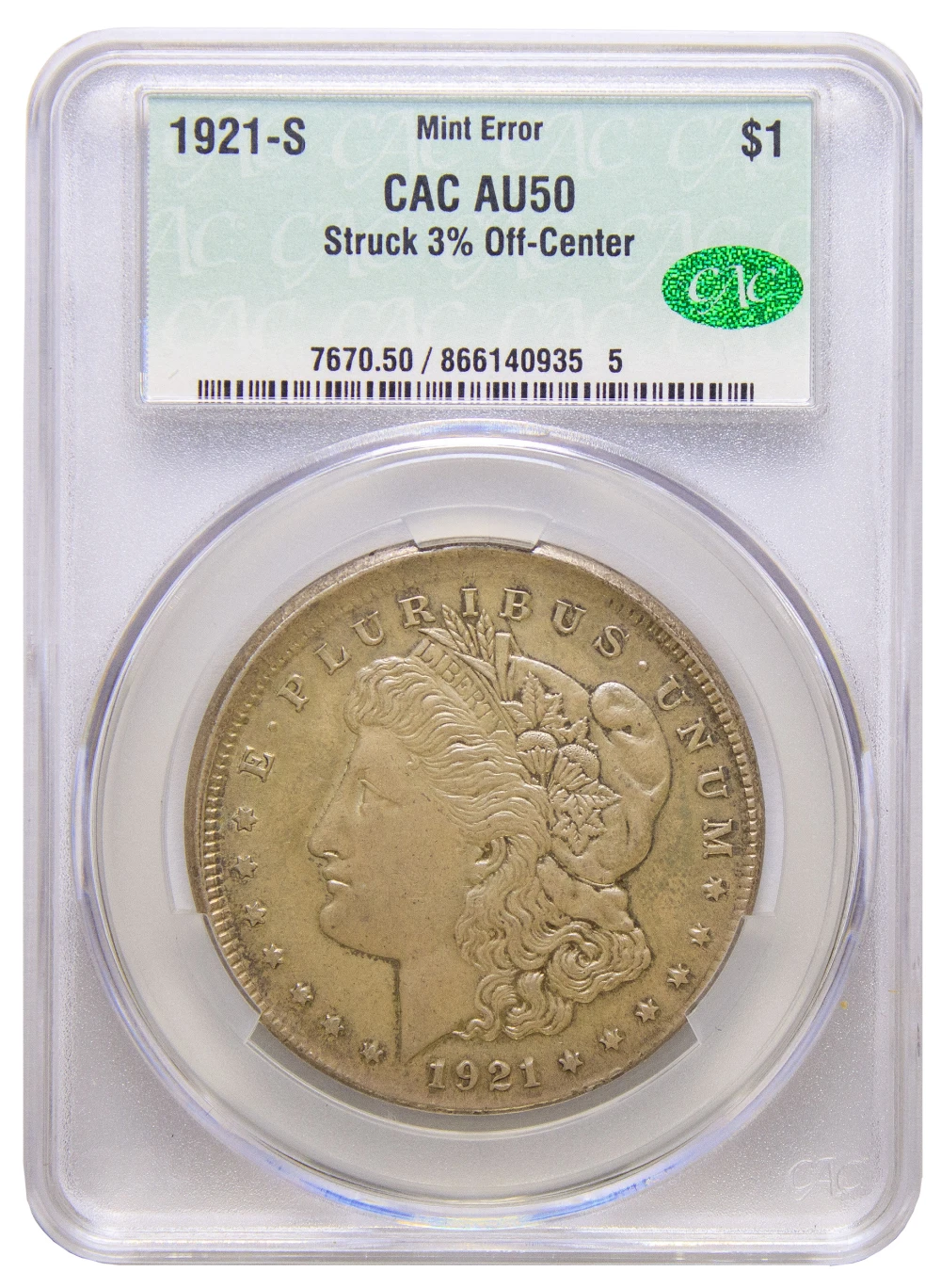 CACG AU-50 Rare Off Center 1921-S Morgan Dollar