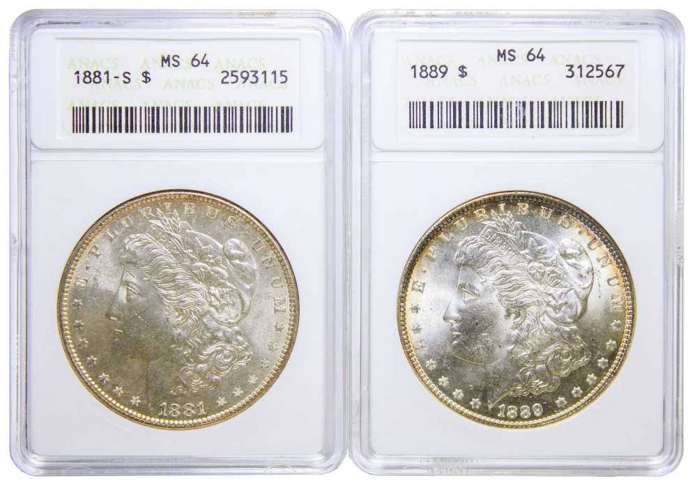 Pair Of Early ANACS Certified MS-64 Morgans