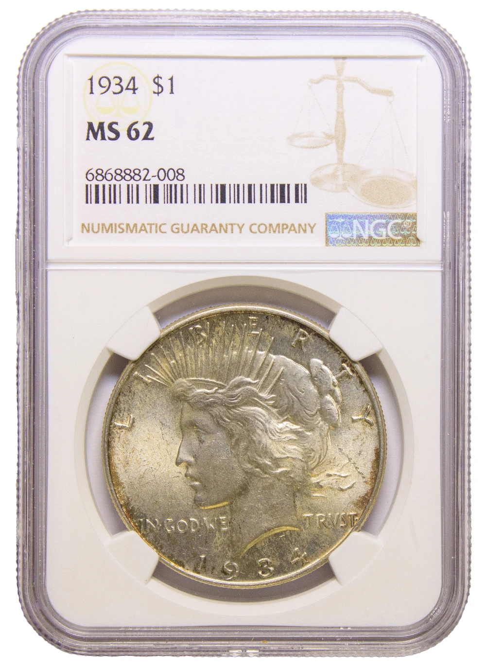 NGC MS-62 Toned 1934 Peace Dollar