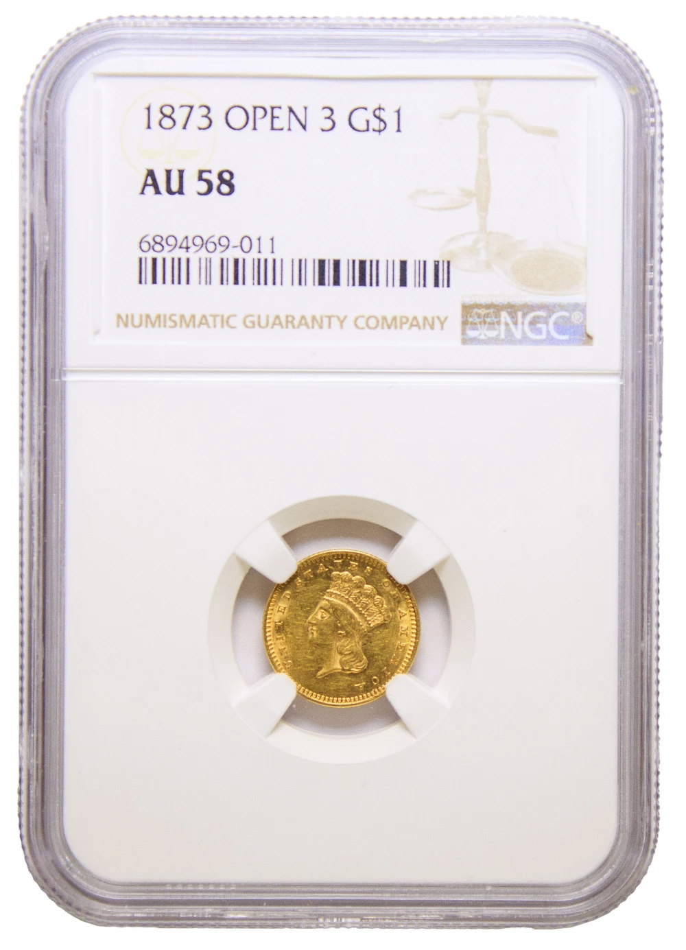 NGC AU-58 1873 Open 3 $1 Gold