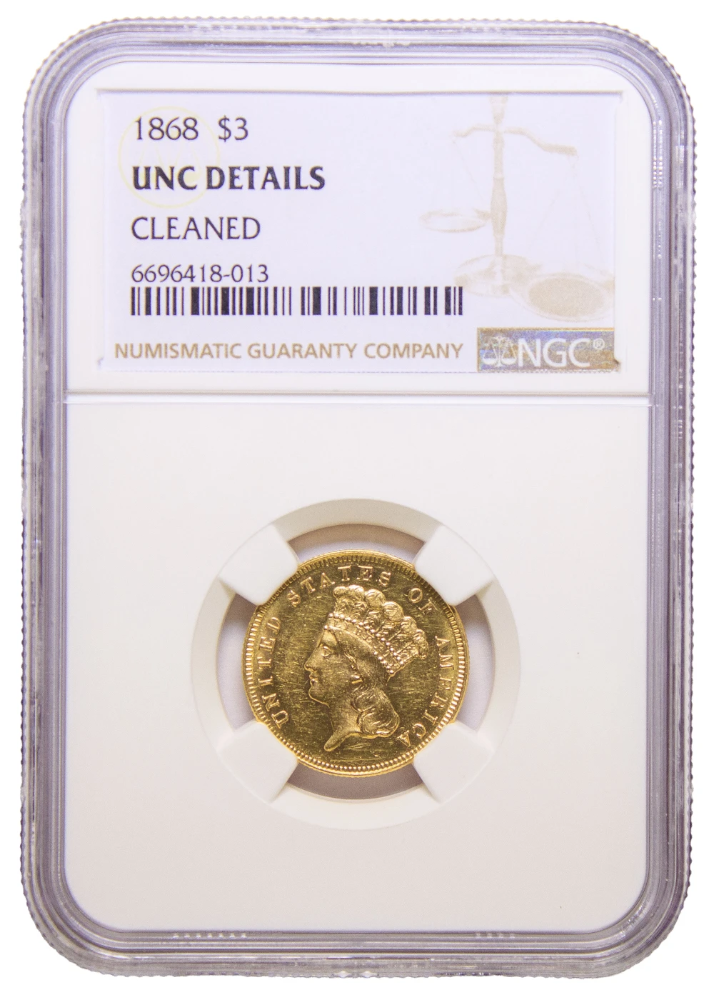 NGC UNC Details 1868 Gold $3