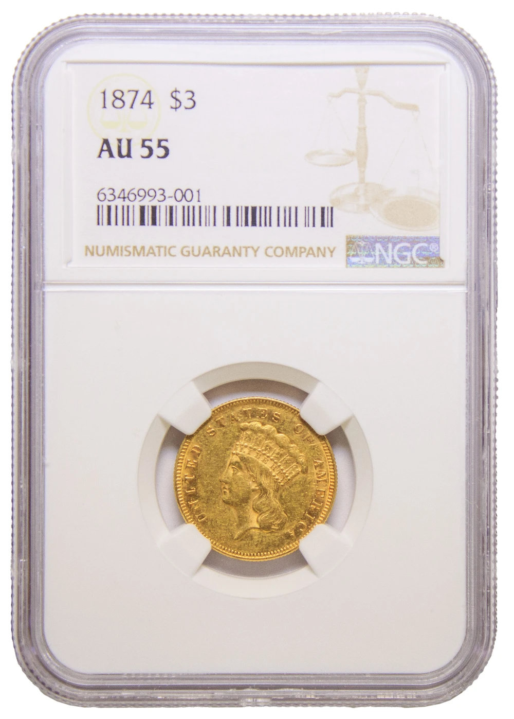 NGC AU-55 1874 Gold $3
